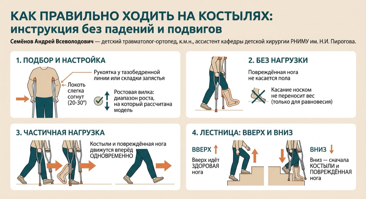 Костыли для ребенка: выбор, настройка и безопасная ходьба — иллюстрация к материалу
