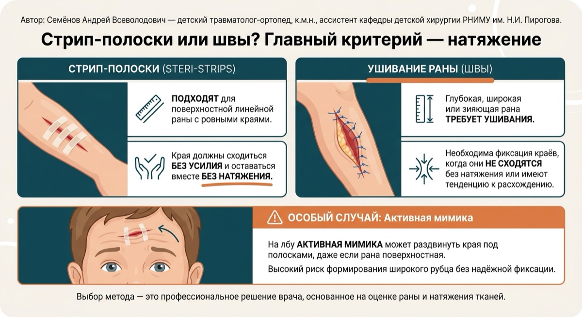 Стрипы или швы: когда рана на лбу требует ушивания — иллюстрация к материалу